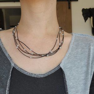 Silpada Sterling Silver 4 Strand Black Beaded Leather Cord Necklace